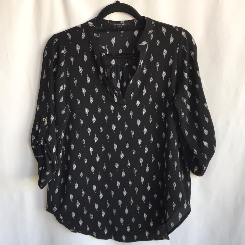 Papermoon black print top with white leaves, size M